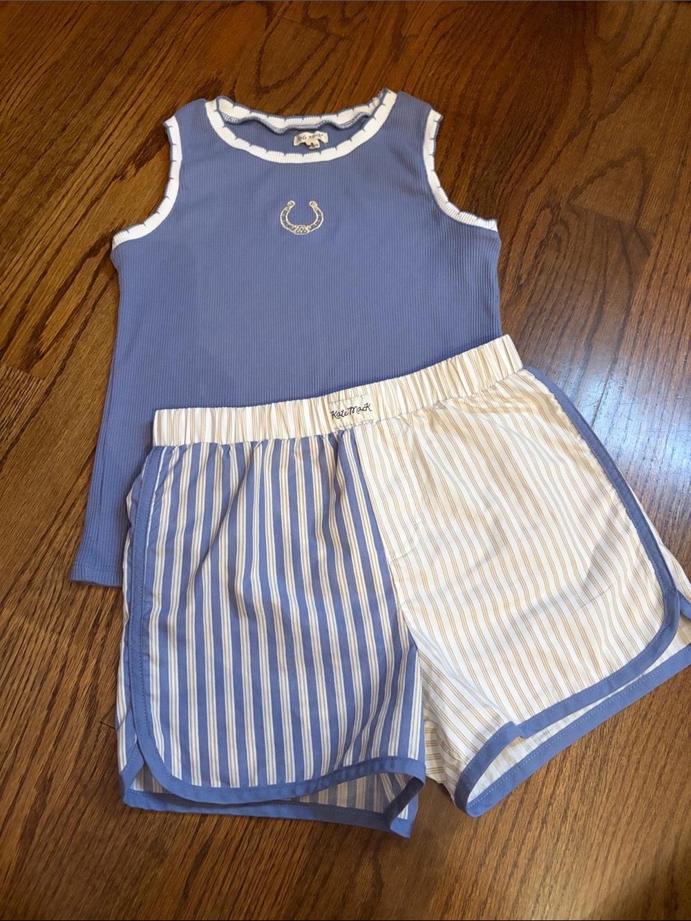 Girls blue 2pc set with blue ribbed tank top and blue and white striped shorts